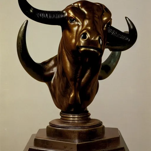 Prompt: professional color photograph of a patinated bronze portrait bust of an angry Texas Longhorn Bull, 3/4 view supported by a bronze plinth, by (Auguste Rodin), (Jean-Leon Gerome), FREDERIC REMINGTON