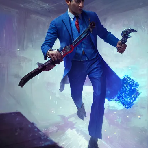 Image similar to a man in a blue suit wielding a jeweled sword and a pistol, fantasy, digital painting, volumetric light, intricate, sharp, focus, bloom, illustration, highly detailed, concept art, matte, ruan jia, randy vargas, greg rutkowski