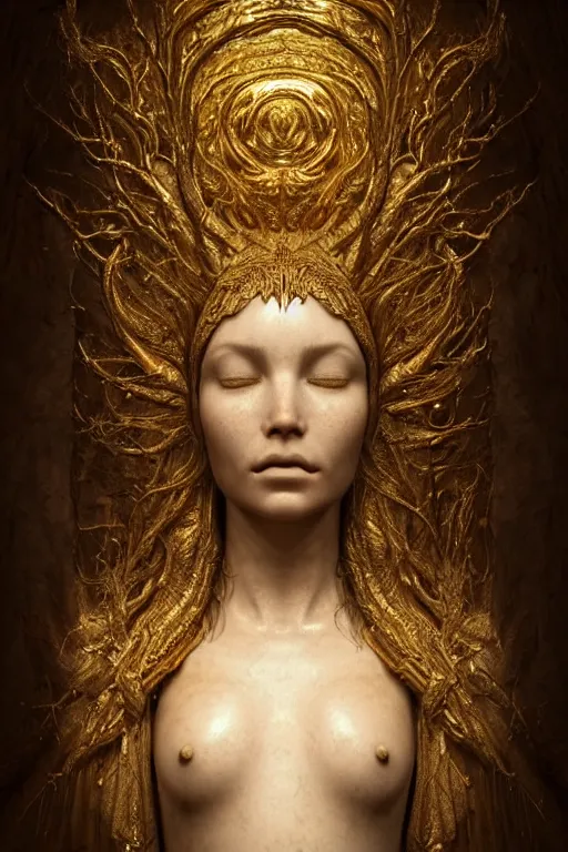 Prompt: a photorealistic portrait of a goddess, floating in the middle of a ancient wood, ((Gold fluid simulation in the background), perfectly proportioned face, perfect eyes, intricate, elegant,ultra super good realistic 3D render by Pete Morbacher and Emil Melmoth, insanely detailed, trending on artstation