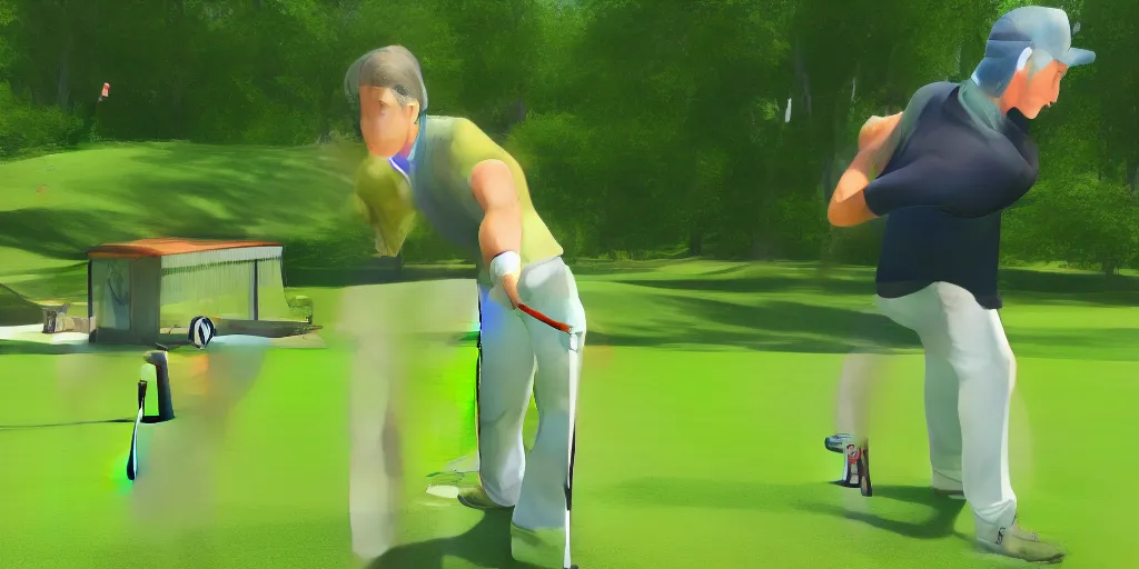 Prompt: tall white blond male avatar in a golf video game