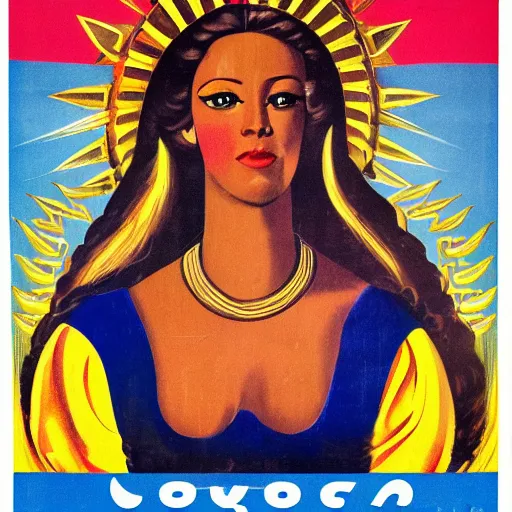 Prompt: portrait of a Colombian gold goddess, Soviet propaganda poster