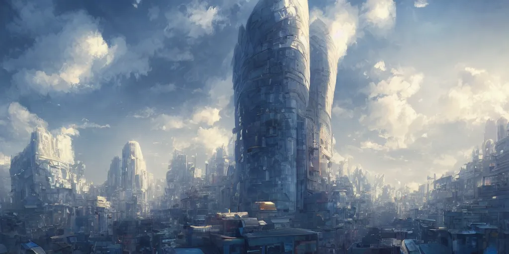 Prompt: beautiful digital illustration of a curvilinear a city in the sky by Andreas Rocha, curvilinear architecture, fluffy pastel clouds, cinematic, architecture, concept art, deviantArt, artsation, artstation HQ, HD, 16k resolution, smooth, sharp detail, amazing depth, octane, finalRender, Unreal Engine