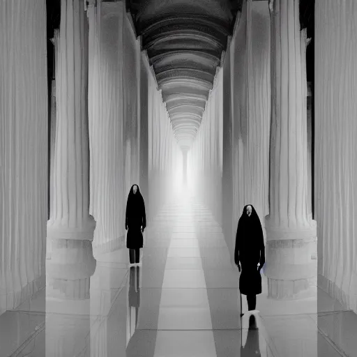 Image similar to nightmare vision, depth of field. black and white, award winning photo of smiling levitating twin nuns, wearing translucent sheet, Mary in a sanctuary, mirror hallways, eerie, tall columns, faces emerging from columns, frightening, highly detailed 8k —width 1024 —height 1024