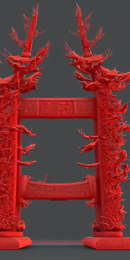 Image similar to 3 d render of a carved red torii gate sculpture, chrometype, made of liquid metal, neotribal with thorns and thunders, japanese temple, raytraced, volumetric lightning, 8 k, by zhelong xu, ouchh and and innate studio