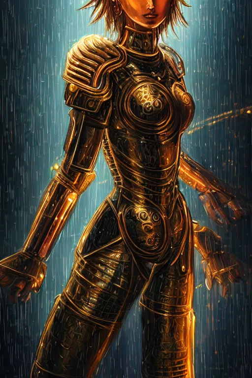 Image similar to portrait holy and mythical futuristic knights of Zodiac girl, golden and copper armor, in futuristic heavily raindrop ruin tokyo rooftop cyberpunk night, ssci-fi, fantasy, intricate, very very beautiful, elegant, neon light, highly detailed, digital painting, artstation, concept art, human anatomy, soft light, hdri, smooth, sharp focus, illustration, art by tian zi and craig mullins and WLOP and alphonse mucha