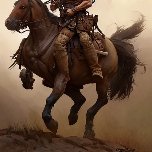 Image similar to portrait of a rugged ranger on horseback, muscular, upper body, hairy torso, D&D, fantasy, intricate, elegant, highly detailed, digital painting, artstation, concept art, smooth, sharp focus, illustration, art by artgerm and Greg Rutkowski and Alphonse Mucha