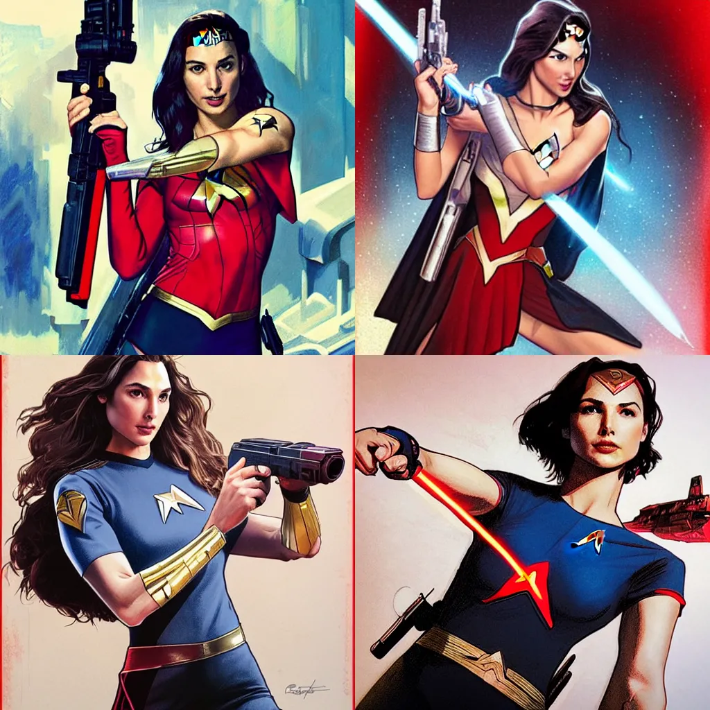 Prompt: Gal gadot wearing a red star trek shirt holding phaser gun by Artgerm and greg rutkowski and alphonse mucha