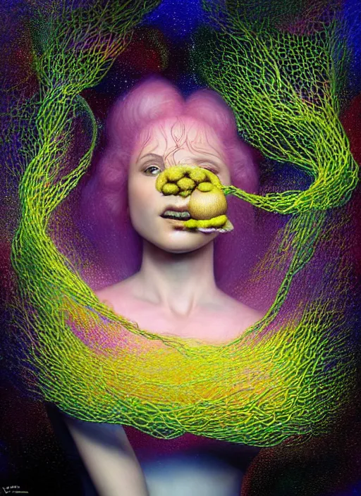 Prompt: hyper detailed 3d render like a Oil painting - Aurora (Singer) looking adorable and seen joyfully Eating of the Strangling network of yellowcake aerochrome and milky Fruit and Her delicate Hands hold of gossamer polyp blossoms bring iridescent fungal flowers whose spores black the foolish stars to her adorable smirking mouth by Jacek Yerka, Mariusz Lewandowski, Houdini algorithmic generative render, Abstract brush strokes, Masterpiece, Edward Hopper and James Gilleard, Zdzislaw Beksinski, Mark Ryden, Wolfgang Lettl, hints of Yayoi Kasuma, octane render, 8k