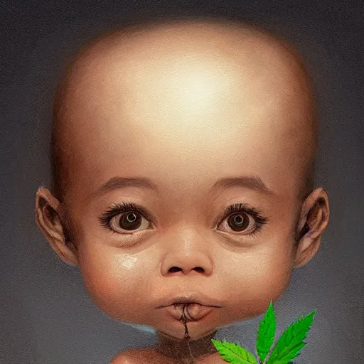 Image similar to a cute little baby made of hemp, with a head in the form of a cannabis bloom, like baby grut, green skin, character, art by james jean and greg rutkowski!!, realistic face, digital art, chibi style, golden ratio, perfect composition, trending on artstation, 8 k