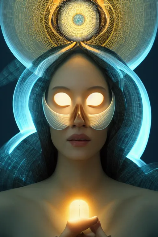 Image similar to a centered render of an goddess wearing a hi tech mask surrounded by a glorious sacred energy made from geometry and spiral mandel bulb fractals, powerful, cinematic, beautifully lit, by artgerm, by karol bak, 3 d, trending on artstation, octane render, 8 k