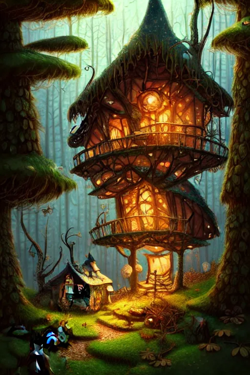 Image similar to a storybook illustration of a ramshackle multistory fairytale hut in the forest, intricate, elegant, fantasy, highly detailed, digital painting, concept art, sharp focus, artstation