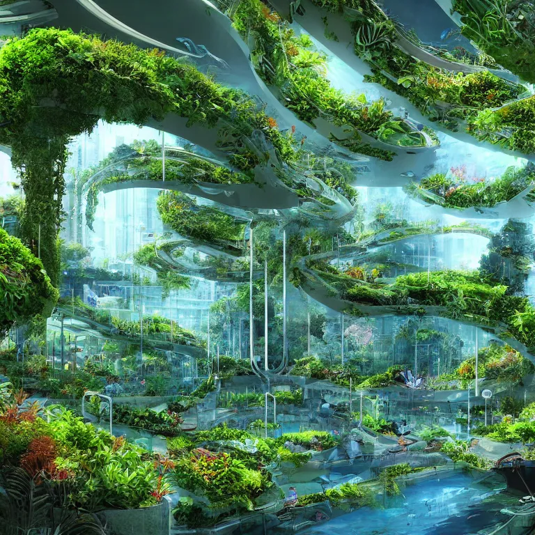 Image similar to Beautiful city of the future, overgrown with trees and plants. An aquarium. Beautiful artistic digital artwork by artist Lurid. (2022)