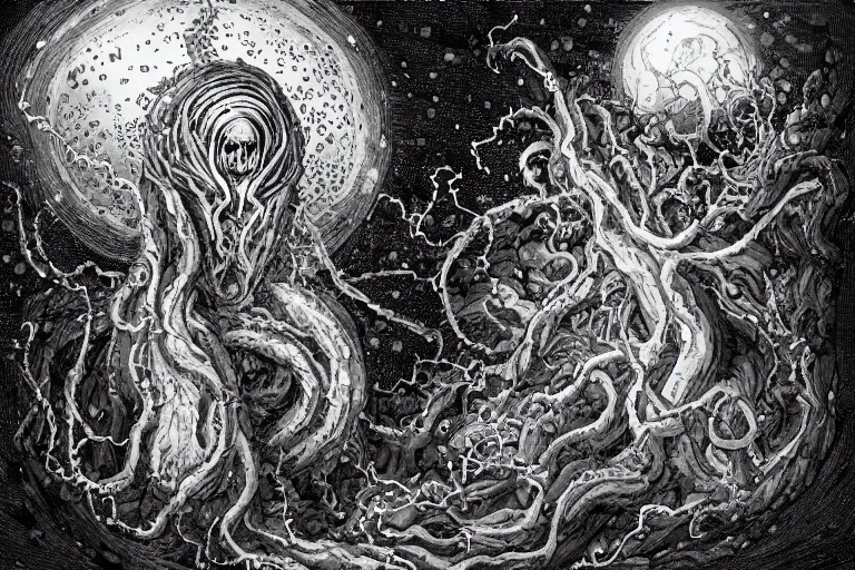 Image similar to Outside the ordered universeis that amorphous blight of nethermost confusion which blasphemes and bubbles at the center of all infinity—the boundless daemon sultan Azathoth, whose name no lips dare speak aloud, and who gnaws hungrily in inconceivable, unlighted chambers beyond time and space amidst the muffled, maddening beating of vile drums and the thin monotonous whine of accursed flutes.