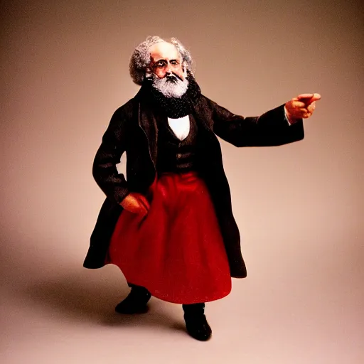 Prompt: Karl Marx in a dress, photoshoot, 30mm, Taken with a Pentax1000, studio lighting