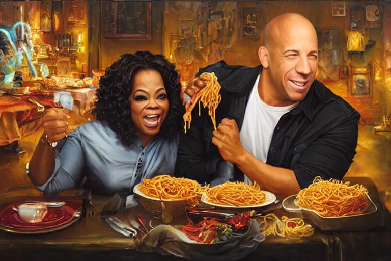 Prompt: portrait of vin diesel and oprah winfrey sharing spaghetti, an oil painting by ross tran and thomas kincade