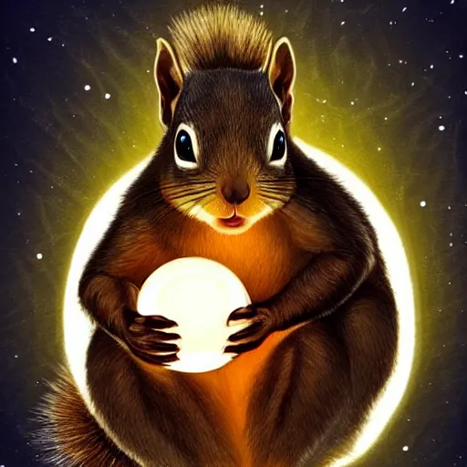 Image similar to A squirrel holding a glowing sphere in one paw and a sword in the other, fantasy illustration