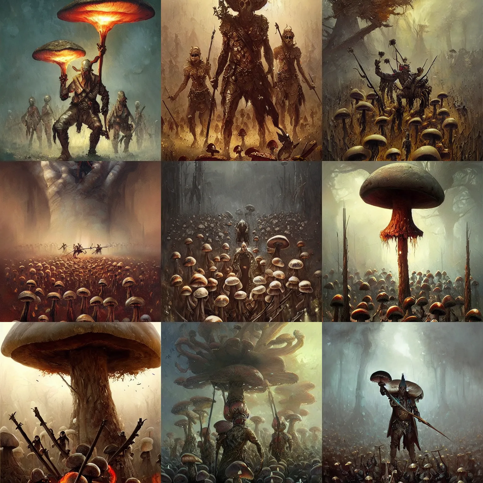 Prompt: Mushroom soldiers holding spears, army of mushrooms, dark fantasy, by Greg Rutkowski, epic, awe-inspiring, oil painting, beautiful, detailed