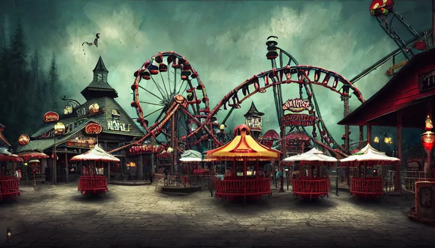 Prompt: michal karcz grunge painting of an amusement park, monster and horror theme. Horror-themed food booths and restaurants in the background. carrousel, monster theme, detailed, elegant, intricate, 4k,