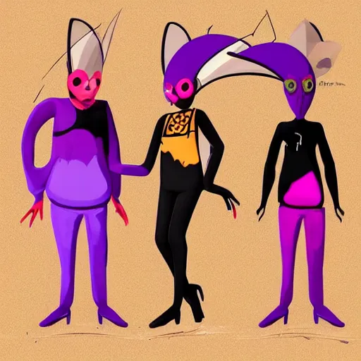 Prompt: character designs for a fashionable nonbinary androgynous gothic manta ray humanoid person with manta ray fin arms who sells empty spray paint cans as a scam and is always covered in paint and acting shady, designed by splatoon nintendo, inspired by tim shafer psychonauts 2 by double fine, cgi, professional design, gaming