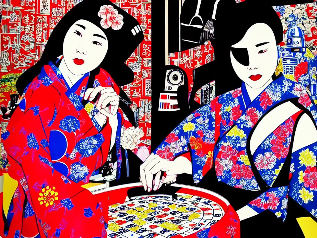 Image similar to hyperrealistic composition of the detailed woman in a japanese kimono sitting at a poker table with detailed darth vader and r 2 d 2, fireworks, mount fuji on the background, pop - art style, jacky tsai style, andy warhol style, acrylic on canvas