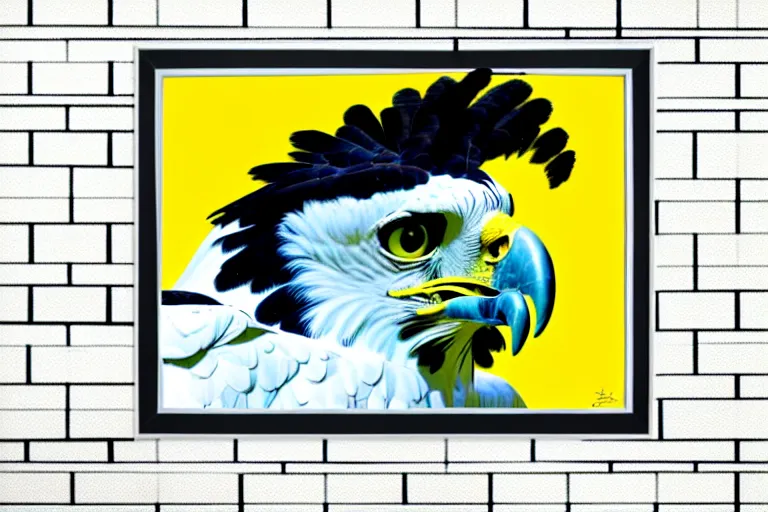 Image similar to side view of harpy eagle, framed photo hanging above couch, carl barks, cross hatching, yellow and black