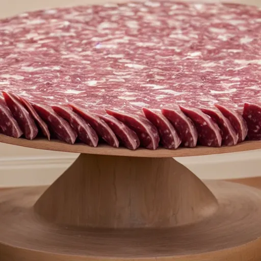 Image similar to a round bench completely covered in salami, studio photography, 5 0 mm