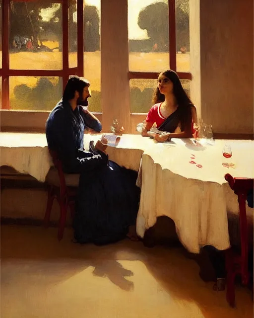 Image similar to a guy and girl on a date in a restaurant, saree, desi, art by greg rutkowski, gustave courbet, rosa bonheur, edward hopper. faithfully depicted facial expression, perfect anatomy, sharp focus, global illumination, radiant light, detailed and intricate environment, trending on artstation