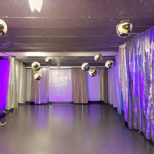 Image similar to photo of the backrooms with balloons and disco ball