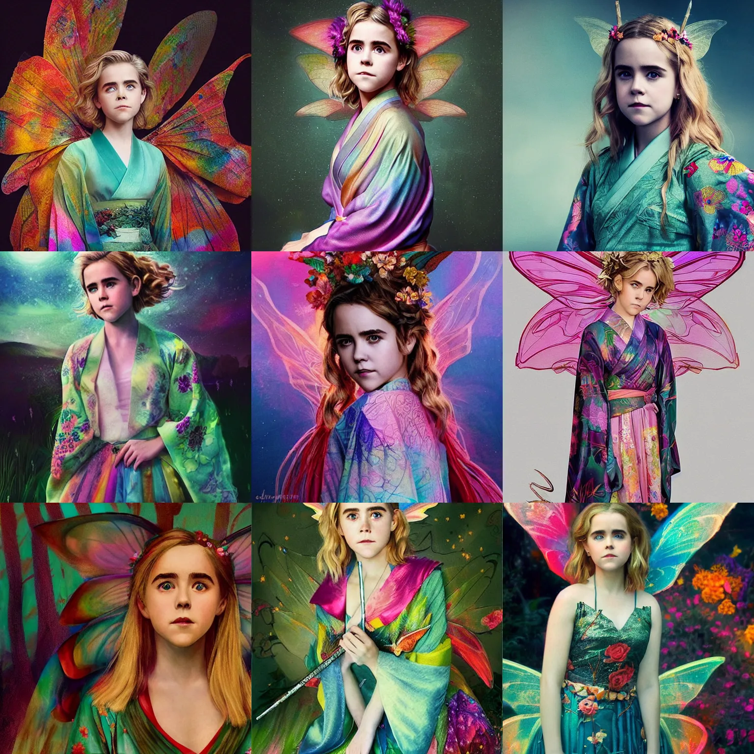 Prompt: stunning, breathtaking, awe - inspiring award - winning concept art of kiernan shipka as a faerie wearing a colorful kimono, extremely moody lighting