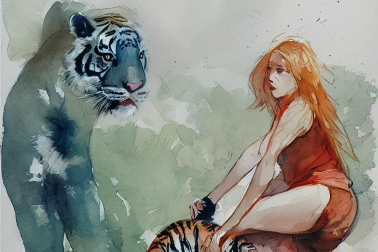 Image similar to girl riding a tiger, art, minimalistic painting, watercolor on paper, high quality, by Berthe Morisot, by Conrad Roset, trending on artstation