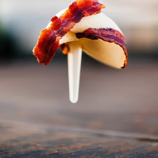 Image similar to a detailed photograph of a levitating ice cream cone made of bacon