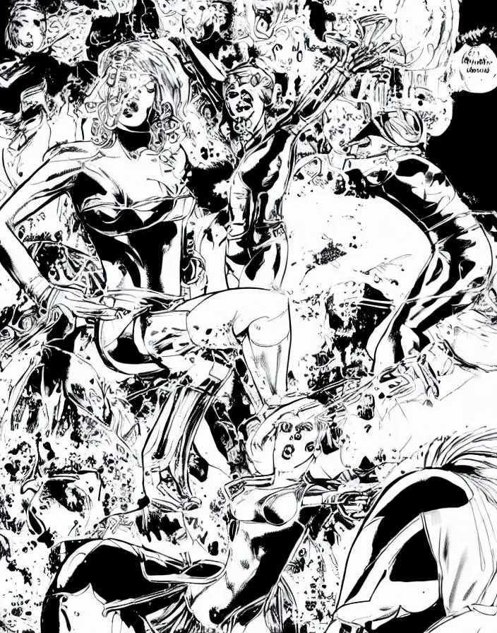 Image similar to comic page, one panel, kylie minogue as barbarella, exploring an alien planet. drawn by pablo marcos. b & w. black and white.