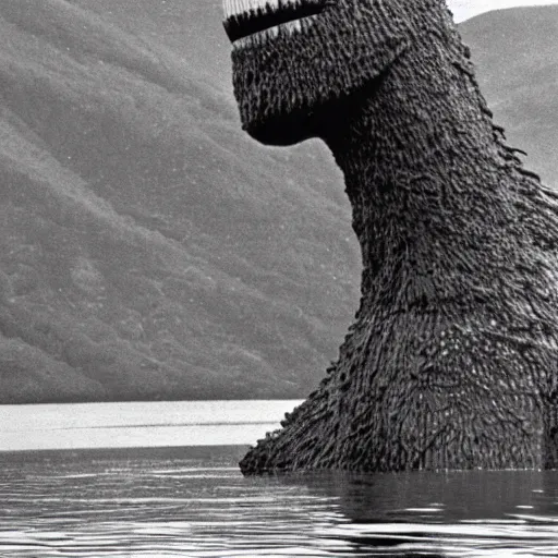 Prompt: 1980s photo of the Loch Ness monster kissing Bigfoot