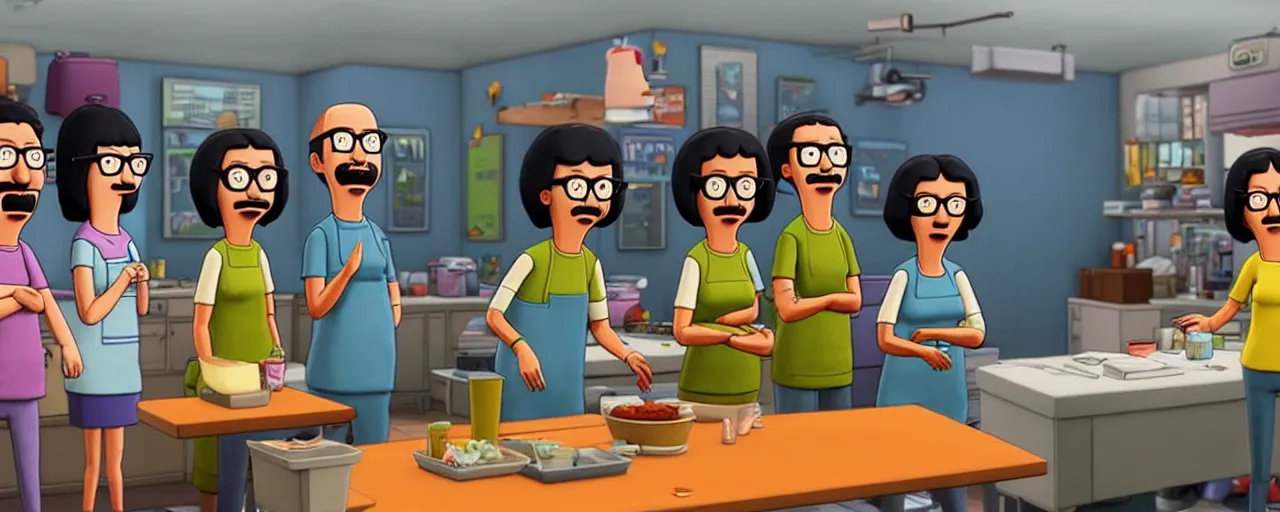 Image similar to cast of bob's burgers in the computer game the sims, tilt shift, volumetric lighting, computer graphics