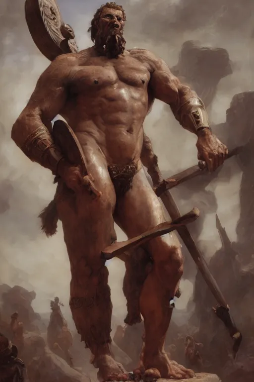 Image similar to ancient historically accurate depiction of the Bible Character Goliath of Gath, the Philistine warrior giant by frank miller, illustration by Ruan Jia and Mandy Jurgens and William-Adolphe Bouguereau, Artgerm, 4k, digital art, surreal, space dandy style, highly detailed, godsend, artstation, digital painting, concept art, smooth, sharp focus, illustration by Ruan Jia and Mandy Jurgens and William-Adolphe Bouguereau, Artgerm