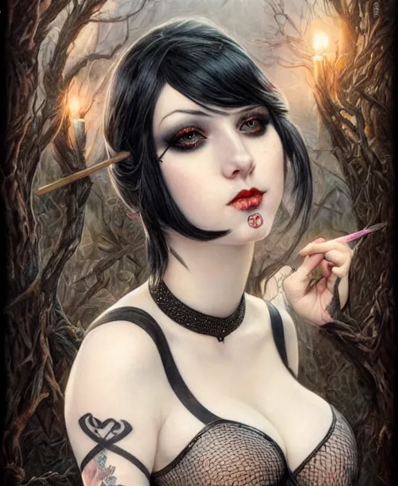 Image similar to two beautiful pale skin cosplay girls, gray eyes, black hair, fully tattooed body, fishnet corset with choker, symmetrical, beautiful detailed face, masterpiece, paint by karol bak