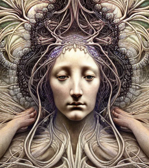 Image similar to detailed realistic beautiful crystal goddess face portrait by jean delville, gustave dore, iris van herpen and marco mazzoni, art forms of nature by ernst haeckel, art nouveau, symbolist, visionary, gothic, neo - gothic, pre - raphaelite, fractal lace, intricate alien botanicals, biodiversity, surreality, hyperdetailed ultrasharp octane render