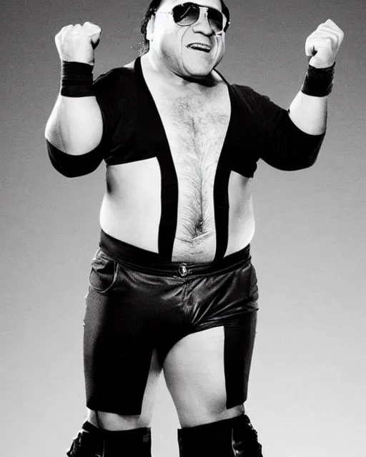 Image similar to danny devito as a wwe wrestler. photographic, photography