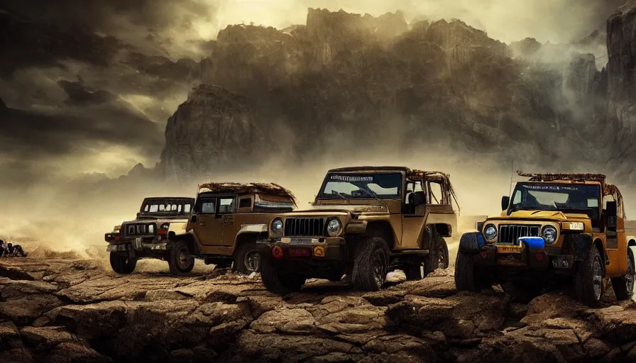 Image similar to Mahindra thar, tribe members attacking, action scene, an epic fantasy, dramatic lighting, cinematic, establishing shot, extremely high detail, photorealistic, cinematic lighting, artstation, by christopher nolan, horizon forbidden west