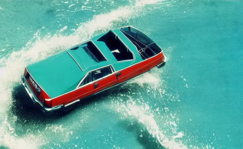 Prompt: photorealistic picture of a scarab 3 8 kv driving in turquoise water. miami. 8 0's style