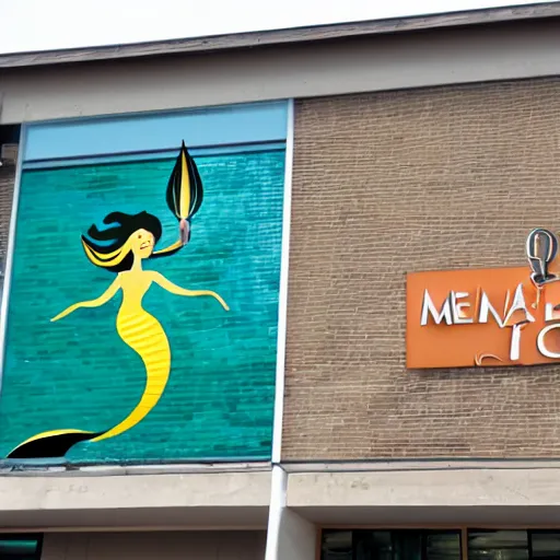 Prompt: company logo on a building showing a mermaid drilling a water well,