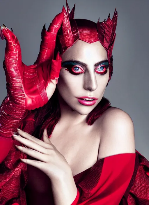 Image similar to photoshoot of lady gaga as the scarlet witch in wandavision , by nick knight, magazine, High resolution. Highly detailed. Dramatic. 8k.4k.