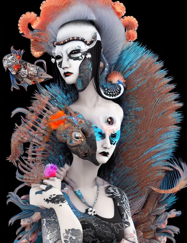 Image similar to 3 d goddess close - up profile portrait punk with mohawk with ram skull. beautiful intricately detailed japanese crow kitsune mask and clasical japanese kimono. betta fish, jellyfish phoenix, bio luminescent, plasma, ice, water, wind, creature, artwork by tooth wu and wlop and beeple and greg rutkowski