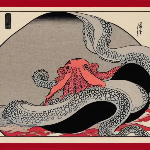 Image similar to a black and white octopus in a frothy red ocean, ukiyo-e