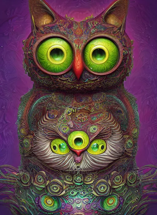 Image similar to psychedelic cat owl figure by naoto hattori, android jones and chris dyer, depth of field, intricate beautiful painting, billions of details, octane render, trending on artstation