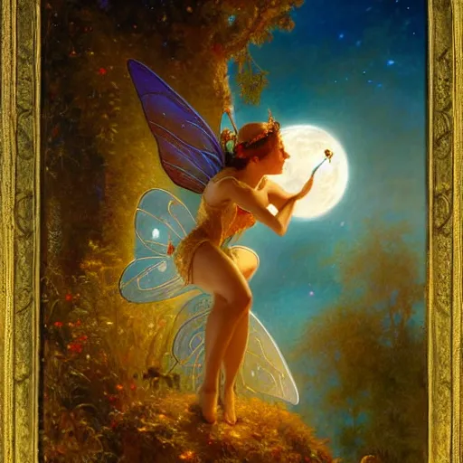 Image similar to attractive fairy magically floating high in the night, fantasy, full moon in background. highly detailed painting by gaston bussiere, craig mullins, j. c. leyendecker, mid shot, 8 k