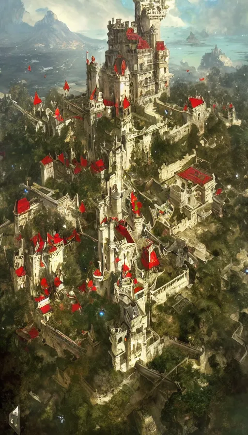 Image similar to castle seen from the sky being attacked by huge red army, cyberpunk, design on white background, beautiful details, lush foliage, drawn by john singer sargent, tom bagshaw, norman rockwell, alphonso mucha, lolish, trending on artstation