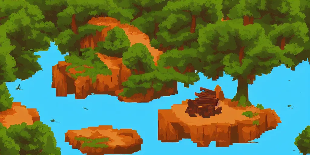 Prompt: a beautiful!!!!!!!! solitary campfire with a beautiful!!! lake in the background, no people, lonely landscape, pixel art, trending on artstation, extremely high detail!!, highly detailed
