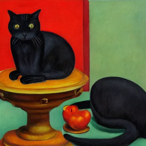 Prompt: black cat with human face in style of Petrov-Vodkin, 4k, hyper realistic,