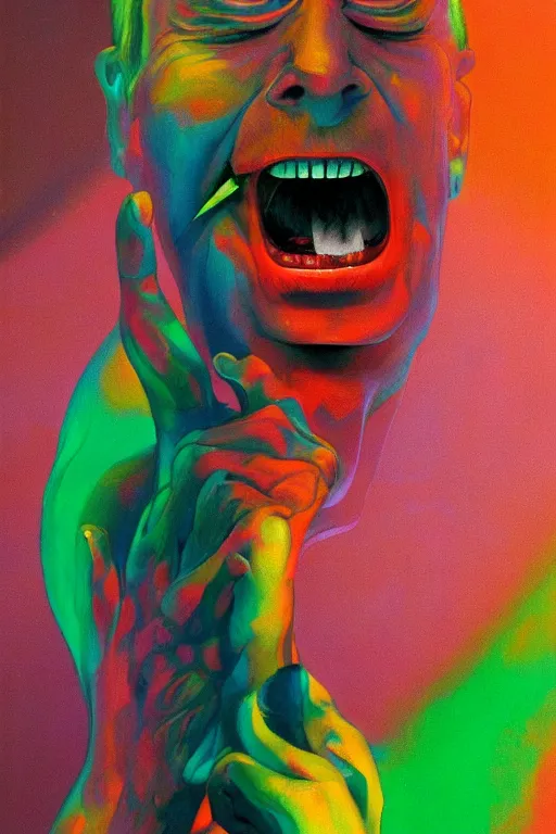 Prompt: a colorful vibrant closeup portrait of rockstar licking a tab of lsd acid on his tongue and dreaming psychedelic hallucinations, by moebius, edward hopper and james gilleard, zdzislaw beksinski, steven outram colorful flat surreal design, hd, 8 k, artstation